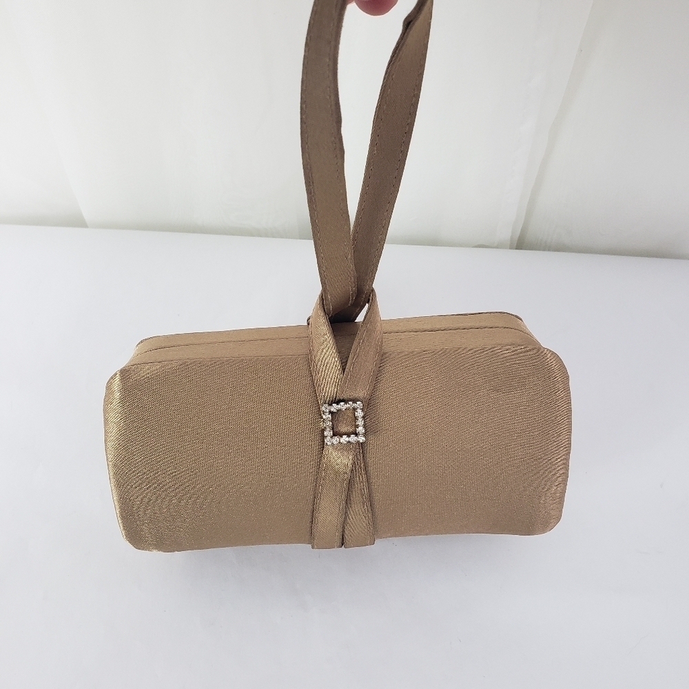 Nitebags satin brown box evening bag top loop handle rhinestone unique